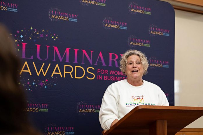 Susan Dunkley, vice chair of the board of Peterborough and the Kawarthas Chamber of Commerce, addresses attendees during an announcement of the nominees of the inaugural Luminary Awards for Women in Business at the chamber offices on March 5, 2025. An awards luncheon will take place on Thursday, May 8 in the Great Hall at Champlain College at Trent University. (Photo: Jordan Lyall Photography)