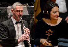 The Peterborough Symphony Orchestra's principal clarinetist Scott Wight will join principal violinist Jennifer Burford along with three of the orchestra's other principal string players to perform Mozart's clarinet quintet during "Mozart to the Moon" at All Saints' Anglican Church in Peterborough on March 7, 2025. The string quartet will begin the concert, which will be emceed by Maestro Michael Newnham, by performing a combination of popular and classic music for string quartet, all with a lunar theme. (kawarthaNOW collage of Huw Morgan photos)