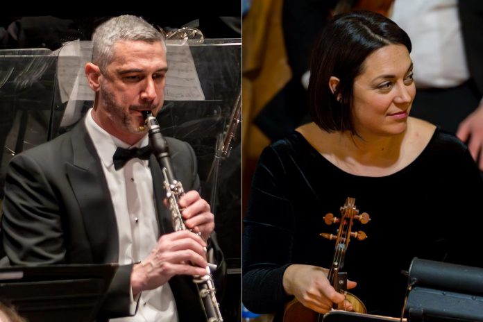 The Peterborough Symphony Orchestra's principal clarinetist Scott Wight will join principal violinist Jennifer Burford along with three of the orchestra's other principal string players to perform Mozart's clarinet quintet during "Mozart to the Moon" at All Saints' Anglican Church in Peterborough on March 7, 2025. The string quartet will begin the concert, which will be emceed by Maestro Michael Newnham, by performing a combination of popular and classic music for string quartet, all with a lunar theme. (kawarthaNOW collage of Huw Morgan photos)