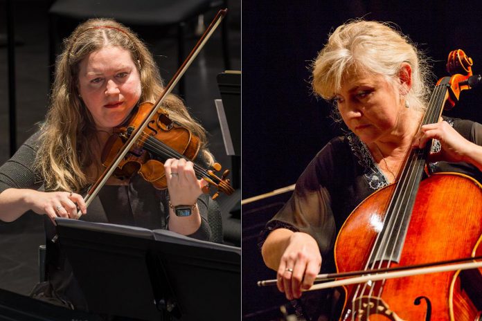 The Peterborough Symphony Orchestra's principal second violinist Nora Pellerin and prinicipal cellist Zuzanna Chomicka-Newnham will join principal violinist Jennifer Burford and prinicipal violist Adriana Arcila Tascón to perform a combination of popular and classic music for string quartet, all with a lunar theme, during "Mozart to the Moon' at All Saints' Anglican Church in Peterborough on March 7, 2025. The orchestra's principal clarinetist Scott Wight will then join the string quartet to perform Mozart's clarinet quintet. (kawarthaNOW collage of photos by Wayne Eardley and Huw Morgan)