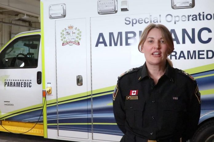 Trisha Bromfield, Peterborough County/City chief of paramedics, speaks in a YouTube video released on March 4, 2025 by Peterborough County/City Paramedics, City of Kawartha Lakes Paramedics, Haliburton County Paramedics, and the Lindsay Central Ambulance Communications Centre about a new 9-1-1 system taking effect on March 26 that will triage medical calls. (kawarthaNOW screenshot)