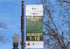 One of the 15 new banners hanging from lamp posts on George Street in downtown Peterborough to promote Peter Robinson emigration bicentennial events from August 1 to 10, 2025. The banners were installed by non-profit organization Nine Ships 1825 Inc. in partnership with the Peterborough Historical Society and with funding from the Peterborough Foundation. (Photo courtesy of Nine Ships 1825)