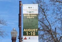 One of the 15 new banners hanging from lamp posts on George Street in downtown Peterborough to promote Peter Robinson emigration bicentennial events from August 1 to 10, 2025. The banners were installed by non-profit organization Nine Ships 1825 Inc. in partnership with the Peterborough Historical Society and with funding from the Peterborough Foundation. (Photo courtesy of Nine Ships 1825)