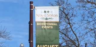 One of the 15 new banners hanging from lamp posts on George Street in downtown Peterborough to promote Peter Robinson emigration bicentennial events from August 1 to 10, 2025. The banners were installed by non-profit organization Nine Ships 1825 Inc. in partnership with the Peterborough Historical Society and with funding from the Peterborough Foundation. (Photo courtesy of Nine Ships 1825)