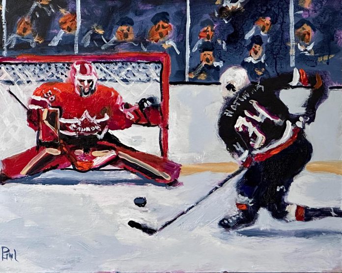 Though Port Hope artist Paul Bailey pursued a career in public relations, he studied life stills in night classes at the Ontario College of Art and Design, believing that mastering drawing the flexible human body would set a foundation for other subjects. Now he is often drawn to painting hockey goalies, as evident in "Not today," which was inspired by the 2025 Four Nations Face-Off tournament. (Photo courtesy of Paul Bailey)