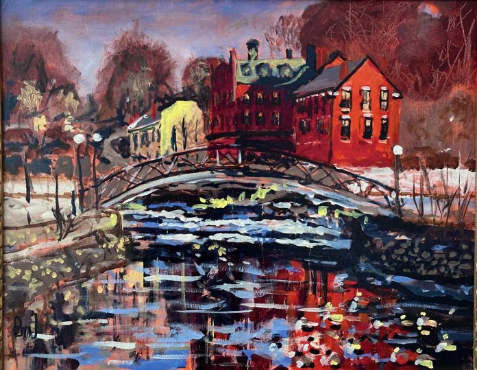 Paul Bailey's "Ganaraska Morning" depicts old buildings and the Ganaraska River in his hometown of Port Hope. The expressionist painting was the first the artist created upon pursuing his painting full-time in 2010, setting a goal to paint the town. (Photo courtesy of Paul Bailey)