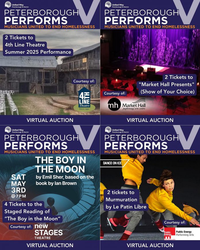 Tickets to upcoming performing arts shows are a few of the more than 40 items up for bid in a virtual auction affiliated with the Peterborough Performs V benefit concert for the United Way Peterborough & District at Showplace Performance Centre on March 26, 2025. (Graphics:  United Way Peterborough & District)