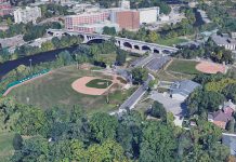 The baseball diamonds at Riverside Park (middle) and East City Bowl (upper right) in Peterborough's East City. (Photo: Google Maps)