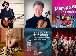 encoreNOW for April 21, 2025 features (from left to right, top and bottom) Colin Linden, Tak Kwan with the Kawartha String Orchestra, "Menopause The Musical", Caity Gyorgy, "The Boy in the Moon", and The Shuffle Demons. (kawarthaNOW collage)