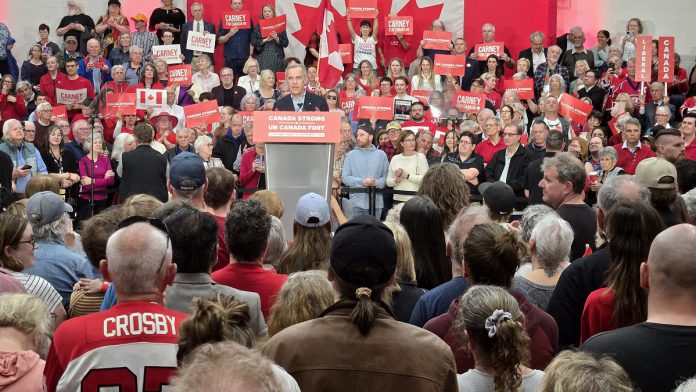 Federal Liberal leader and prime minister Mark Carney spoke to a large crowd of supporters during a rally at the Peterborough Sport & Wellness Centre on April 19, 2025. (Photo: Jeannine Taylor / kawarthaNOW) Federal Liberal leader and prime minister Mark Carney spoke to a large crowd of supporters during a rally at the Peterborough Sport & Wellness Centre on April 19, 2025. (Photo: Jeannine Taylor / kawarthaNOW)