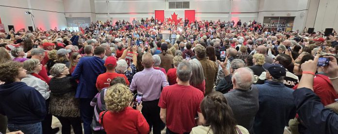 Rally organizers estimate that 1,100 people attended the rally featuring federal Liberal leader and prime minister Mark Carney at the Peterborough Sport & Wellness Centre on April 19, 2025. (Photo: Jeannine Taylor / kawarthaNOW)