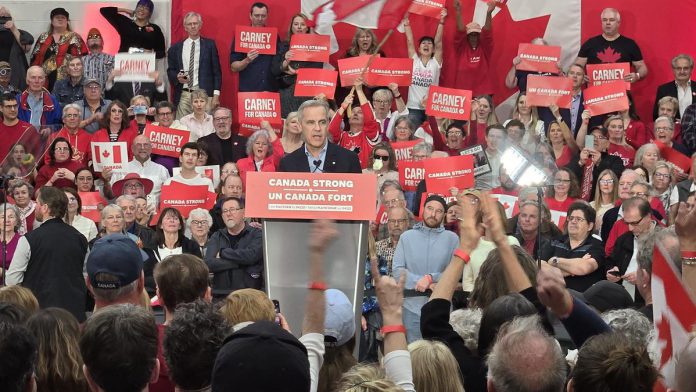 Federal Liberal leader and prime minister Mark Carney spoke for almost 30 minutes during a rally at the Peterborough Sport & Wellness Centre on April 19, 2025. (Photo: Jeannine Taylor / kawarthaNOW)