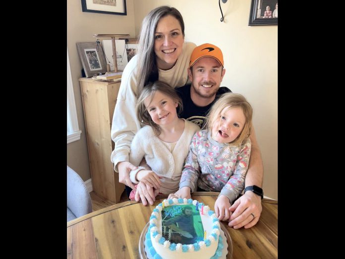 Diana Freeman with her husband David and their daughters Olivia and Emily celebrating David's birthday on March 26, 2024, three weeks after she discovered a lump in her left breast and the day she received her treatment plan from her oncologist at Peterborough Regional Health Centre (PRHC). The time between receiving her initial diagnosis and knowing her treatment plan was one of the most difficult parts of her cancer journey, which is why she is supporting the PRHC Foundation's $60 million Campaign for PRHC that includes the introduction of digital pathology to the regional hospital. (Photo courtesy of Diana Freeman)