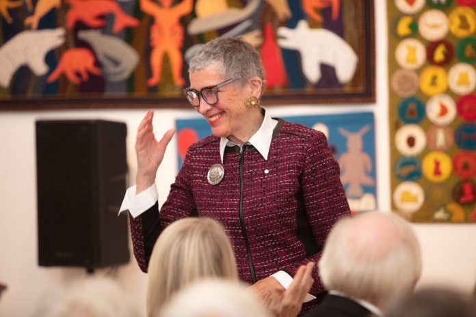 The late Dr. Elizabeth (Betsy) McGregor at the Art Gallery of Guelph in October 2022, 10 months after she was diagnosed with ovarian cancer, when the University of Guelph Alumni Association recognized her with the Alumni of Honour Award. After graduating from the Ontario Veterinary College in 1987, McGregor founded the World Women;s Veterinary Association, sponsoring field projects empowering rural women and children globally. (Photo: University of Guelph Alumni Association)