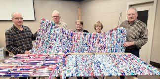 Volunteers of Calvary Pentecostal Church in Peterborough meet for two hours every week to transform plastic milk bags into sleeping mats for the local unhoused population, using two looms built by church group organizer Tim Young. Now, through Clean Up Peterborough, businesses and organizations can sponsor the build of a loom to provide more opportunity for volunteer groups to create sleeping mats. (Photo: Street Level Advocacy / Facebook)