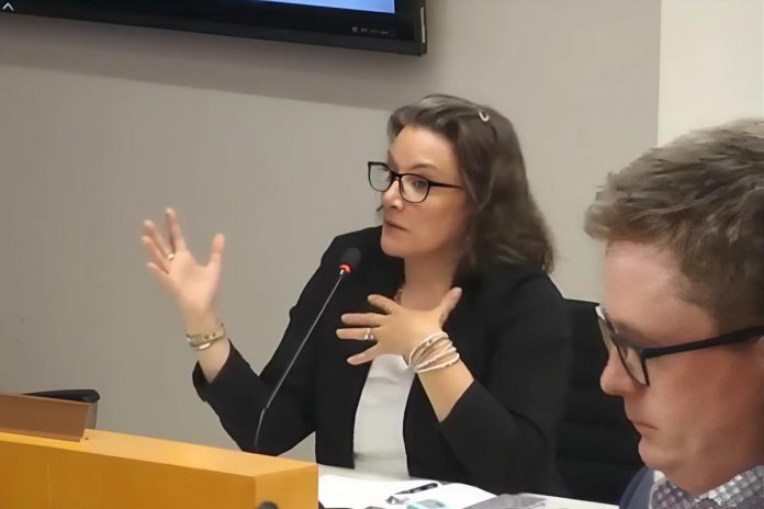 The City of Peterborough's physician recruitment coordinator Chantal Van Parys speaks to city council at a general committee meeting on May 12, 2025. Also pictured is Daryl Julott, director of the city's economic development department which is responsible for the physician recruitment pilot project. (kawarthaNOW screenshot of City of Peterborough video)