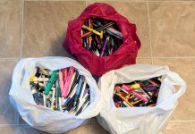 Since joining TerraCycle's free writing instrument recycling program at Staples in October 2024, Clean Up Peterborough has diverted 1,476 pens, markers, highlighters, and mechanical pencils from the landfill, and has issued a county-wide challenge to collect 50,000 used writing instruments that will be repurposed into raw material for new products. (Photo: Steve Paul / Clean Up Peterborough)