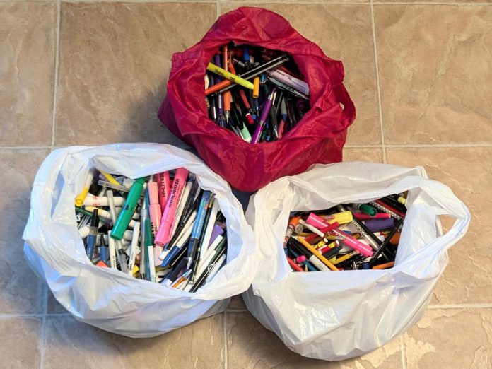 Since joining TerraCycle's free writing instrument recycling program at Staples in October 2024, Clean Up Peterborough has diverted 1,476 pens, markers, highlighters, and mechanical pencils from the landfill, and has issued a county-wide challenge to collect 50,000 used writing instruments that will be repurposed into raw material for new products. (Photo: Steve Paul / Clean Up Peterborough) Since joining TerraCycle's free writing instrument recycling program at Staples in October 2024, Clean Up Peterborough has diverted 1,476 pens, markers, highlighters, and mechanical pencils from the landfill, and has issued a county-wide challenge to collect 50,000 used writing instruments that will be repurposed into raw material for new products. (Photo: Steve Paul / Clean Up Peterborough)