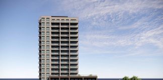 A rendering of TVM Group's proposed 17-storey residential-commercial building at 90 Hunter Street East beside Mark Street United Church in Peterborough's East City, which includes a four-storey parking garage. (Graphic: RAW Design Inc.)