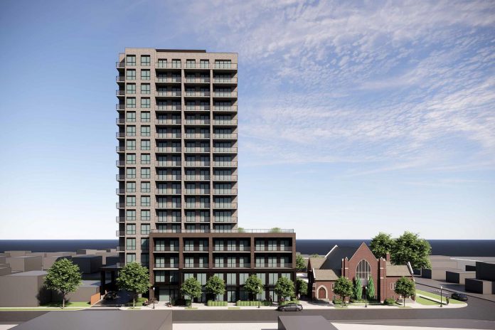 A rendering of TVM Group's proposed 17-storey residential-commercial building at 90 Hunter Street East beside Mark Street United Church in Peterborough's East City, which includes a four-storey parking garage. (Graphic: RAW Design Inc.)
