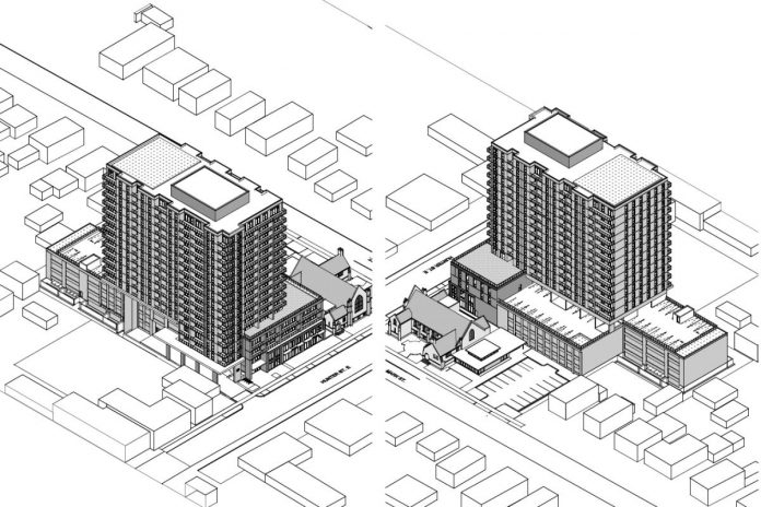 Massing views of TVM Group's proposed 17-storey residential-commercial building at 90 Hunter Street East beside Mark Street United Church in Peterborough's East City, which includes a four-storey parking garage. (Graphic: RAW Design Inc.)