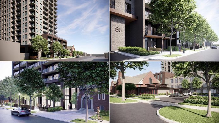 Renderings of TVM Group's proposed 17-storey residential-commercial building at 90 Hunter Street East beside Mark Street United Church in Peterborough's East City, looking east along Hunter Street (top two photos) and west along Hunter Street (bottom left photo), with a rendering looking southwest from Mark Street of the proposed addition to Mark Street United Church, which is part of the deal between the church's board and TVM Group for the sale of the church property where the development would be built. (Graphics: RAW Design Inc.)