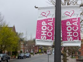 Light post banners on Hunter Street East in Peterborough's East City installed by the volunteer-led East City Village Business Improvement Area, which is merging with the Peterborough Downtown Business Improvement Area as part of a one-year pilot agreement. (Photo: Bruce Head / kawarthaNOW)