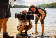 Toronto-based filmmaker Rebeccah Love consults with cinematographer Eric Rowe on a scene from her debut feature-length "Fortescue", which was shot at her family cottage on Fortescue Lake just east of Kinmount in the Haliburton Highlands. Love will be attending all four screenings of the film at Highlands Cinemas in Kinmount over the Victoria Day long weekend. (Photo: Eli Meadow Ramraj)