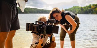Toronto-based filmmaker Rebeccah Love consults with cinematographer Eric Rowe on a scene from her debut feature-length "Fortescue", which was shot at her family cottage on Fortescue Lake just east of Kinmount in the Haliburton Highlands. Love will be attending all four screenings of the film at Highlands Cinemas in Kinmount over the Victoria Day long weekend. (Photo: Eli Meadow Ramraj)