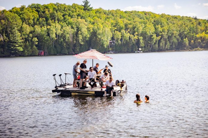 The crew for Toronto-based filmmaker Rebeccah Love's debut feature-length "Fortescue" shoots a swimming scene with actors Kelsey Falconer and Chelsea Preston in Fortescue Lake in the Haliburton Highlands. (Photo: Eli Meadow Ramraj)