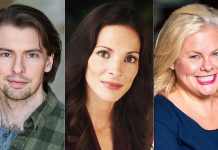 Ephraim Ellis, Elana Post, and Sarah Quick star in the Canadian premiere of the British musical comedy "Desperate to be Doris" at Globus Theatre in Bobcaygeon from May 29 to June 7, 2025, which also features a community chorus of local residents who will perform the songs of Doris Day. (kawarthaNOW collage of supplied photos)
