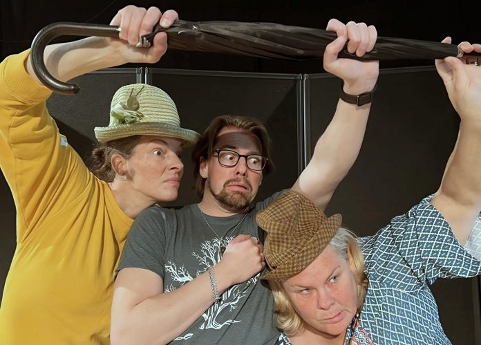 Elana Post, Ephraim Ellis, and Sarah Quick rehearsing a scene from the Globus Theatre production of the British musical comedy "Desperate to be Doris", which runs in Bobcaygeon from May 29 to June 7, 2025. (Photo courtesy of Globus Theatre)