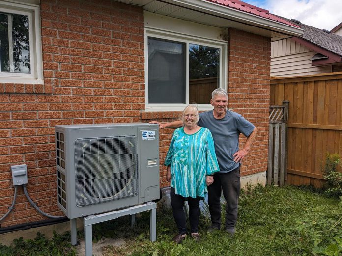 After Susan and Jim Blakelock moved to their bungalow in the south east of Peterborough in 2020, their registered energy advisor daughter Clara completed a home energy assessment and found many areas for improvement. Two years later, after completing a list of upgrades, the couple has reduced their EnerGuide rating from 135 to 60 gigajoules and their annual greenhouse gas emissions from 5.5 to 1.2 tonnes annually. As one of several upgrades to their Peterborough home over the past two years, the couple replaced their air conditioner with a cold climate air source heat pump. (Photo: Clara Blakelock / GreenUP)
