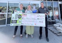 Janice Brown (middle), pictured with Habitat for Humanity Peterborough & Kawartha Region (Habitat PKR) donor impact manager Natalie Raponi and Chemong Home Hardware Building Centre co-owner and store leader Fred Sweeting, was one of the two winners in Habitat PKR's second annual "The Big Flip" furniture flipping contest. Brown won the "Big & Bold" category for transforming a dresser. (Photo courtesy of Habitat PKR)