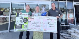Janice Brown (middle), pictured with Habitat for Humanity Peterborough & Kawartha Region (Habitat PKR) donor impact manager Natalie Raponi and Chemong Home Hardware Building Centre co-owner and store leader Fred Sweeting, was one of the two winners in Habitat PKR's second annual "The Big Flip" furniture flipping contest. Brown won the "Big & Bold" category for transforming a dresser. (Photo courtesy of Habitat PKR)