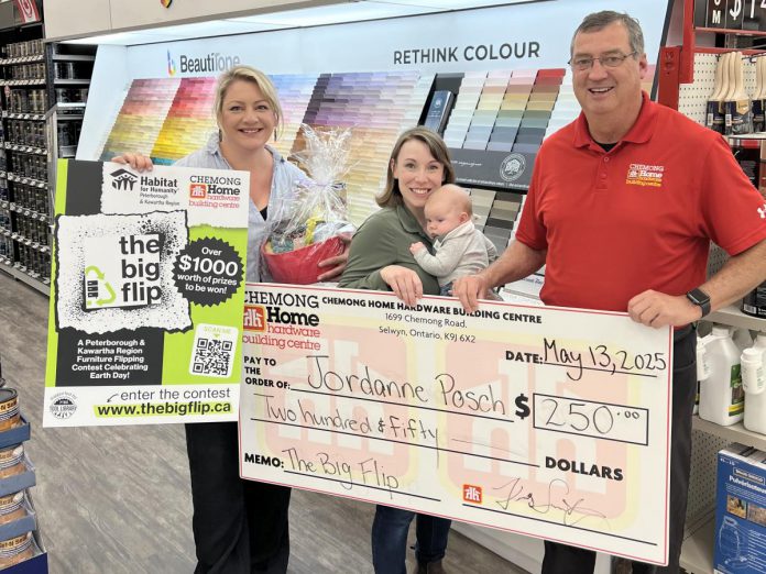 Jordanne Posch (middle, with her baby), pictured with Habitat for Humanity Peterborough & Kawartha Region (Habitat PKR) donor impact manager Natalie Raponi and Chemong Home Hardware Building Centre co-owner and store leader Fred Sweeting, won the "Small but Mighty" category in Habitat PKR's second annual "The Big Flip" furniture flipping contest. (Photo courtesy of Habitat PKR)
