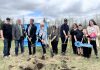 Habitat for Humanity Peterborough & Kawartha Region (Habitat PKR) held a groundbreaking ceremony in Fraserville on May 7, 2025 for a 3D-printed affordable home to be built for a local family. Pictured from left to right are Cormor Inc. CEO and co-founder Dwight Corcoran, Community Futures Peterborough board member Ron Black, Otonabee-South Monaghan Township mayor Joe Taylor, Peterborough County warden Bonnie Clark, Habitat PKR board chair Hope Lee, and future Habitat homeowners James, Kayla, and their three children. (Photo courtesy of Habitat PKR)