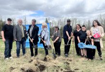 Habitat for Humanity Peterborough & Kawartha Region (Habitat PKR) held a groundbreaking ceremony in Fraserville on May 7, 2025 for a 3D-printed affordable home to be built for a local family. Pictured from left to right are Cormor Inc. CEO and co-founder Dwight Corcoran, Community Futures Peterborough board member Ron Black, Otonabee-South Monaghan Township mayor Joe Taylor, Peterborough County warden Bonnie Clark, Habitat PKR board chair Hope Lee, and future Habitat homeowners James, Kayla, and their three children. (Photo courtesy of Habitat PKR)
