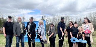 Habitat for Humanity Peterborough & Kawartha Region (Habitat PKR) held a groundbreaking ceremony in Fraserville on May 7, 2025 for a 3D-printed affordable home to be built for a local family. Pictured from left to right are Cormor Inc. CEO and co-founder Dwight Corcoran, Community Futures Peterborough board member Ron Black, Otonabee-South Monaghan Township mayor Joe Taylor, Peterborough County warden Bonnie Clark, Habitat PKR board chair Hope Lee, and future Habitat homeowners James, Kayla, and their three children. (Photo courtesy of Habitat PKR)