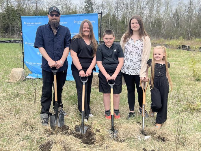 Kayla and James and their three children participated in a groundbreaking ceremony in Fraserville on May 7, 2025 for their new affordable home, to be built by local company Cormor Inc. using large-scale 3D concrete printing technology. Providing families seeking affordable home ownership with a "hand-up" and not a "hand-out," Habitat for Humanity Peterborough & Kawartha Region (Habitat PKR) offers families no down payment and monthly payments that are geared to their income. (Photo courtesy of Habitat PKR)