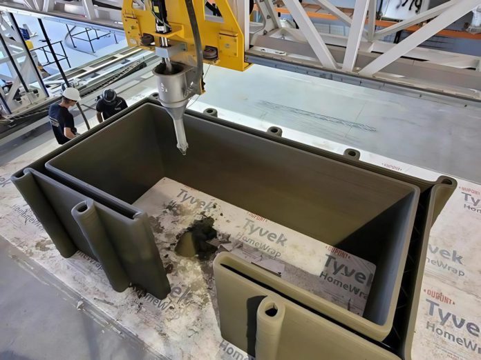 Additive construction, otherwise known as 3D construction printing, represents a significant advancement in construction technology, with the potential to change the industry by increasing efficiency, reducing waste, and enhancing design flexibility. A mobile robotic arm extrudes specialized construction materials layer by layer, with each layer hardening before the next layer is added. (Photo courtesy of Habitat PKR)