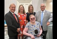 The late Kathryn Peeters pictured in June 2023 holding her Barbara McArthur Award of Distinction from the City of Kawartha Lakes, along with city councillor Charlie McDonald, kawartha Lakes Accessibility Advisory Committee chair Diane Engelstad, Kawartha Lakes Inclusion, Equity, Diversity and Accessibility (IDEA) Partner Christine Briggs, and Mayor Doug Elmslie. A new Youth Accessibility Award, to be presented at the Accessibility Awareness Recognition Awards in 2026, will be named after Peeters. (Photo: City of Kawartha Lakes)