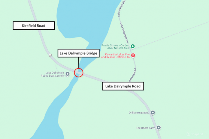 The location of Lake Dalrymple Bridge in Kawartha Lakes. (Map: City of Kawartha Lakes)