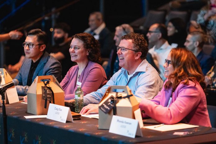 The panel of judges for the Innovation Cluster's LevelUP Pitch Competition on April 30, 2025 at the Market Hall were (left to right) Maddison Wong Investments CEO Jaime Wong, Ameresco asset sustainability vice-president Kelly Hagen, SHiFT Selling Inc. chief catalyst Craig Elias, and Peterborough County economic development general manager Rhonda Keenan. (Photo: Bryan Reid)