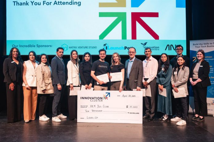 The Innovation Cluster's LevelUP Pitch Competition on April 30, 2025 at the Market Hall saw eight graduates of the LevelUP business accelerator program present their innovative business ideas to a panel of four judges, with Carmen Doucette of Her Yes Club (eighth from left) the grand prize winner of $10,000 and runner-up Monica Singh of Happy Cramps (sixth from left) receiving three months of tailored client services, worth $6,000, from the Innovation Cluster. (Photo: Bryan Reid)