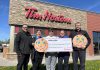 Meaghan Chapman (second from left) and Nick Chapman (right), along with operations manager and general manager Mark and Nancy Hutchinson (left and second from right), presented a cheque for $21,066.55 to Ross Memorial Hospital (RMH) Foundation board chair Mona Malcolm Sharman (middle) on May 20, 2025, representing proceeds from the Tim Hortons Smile Cookie campaign held at Chapmans' five Tim Hortons locations in Lindsay from April 28 to May 4. (Photo: RMH Foundation)