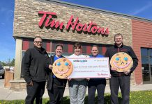 Meaghan Chapman (second from left) and Nick Chapman (right), along with operations manager and general manager Mark and Nancy Hutchinson (left and second from right), presented a cheque for $21,066.55 to Ross Memorial Hospital (RMH) Foundation board chair Mona Malcolm Sharman (middle) on May 20, 2025, representing proceeds from the Tim Hortons Smile Cookie campaign held at Chapmans' five Tim Hortons locations in Lindsay from April 28 to May 4. (Photo: RMH Foundation)