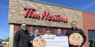 Meaghan Chapman (second from left) and Nick Chapman (right), along with operations manager and general manager Mark and Nancy Hutchinson (left and second from right), presented a cheque for $21,066.55 to Ross Memorial Hospital (RMH) Foundation board chair Mona Malcolm Sharman (middle) on May 20, 2025, representing proceeds from the Tim Hortons Smile Cookie campaign held at Chapmans' five Tim Hortons locations in Lindsay from April 28 to May 4. (Photo: RMH Foundation)