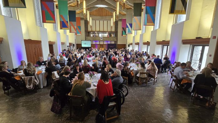 A sold-out crowd of 200 people attended the Peterborough and Kawarthas Chamber of Commerce's inaugural Luminary Awards celebration at the Great Hall of Trent University's Champlain College on May 8, 2025, which saw awards in five categories that recognize women at all stages of their careers presented to Sheena Howard, Jenisha Sanjit Arora, Rachel Stark, Tiffany Arcari, and Jeannine Taylor. (Photo: Jeannine Taylor / kawarthaNOW) A sold-out crowd of 200 people attended the Peterborough and Kawarthas Chamber of Commerce's inaugural Luminary Awards celebration at the Great Hall of Trent University's Champlain College on May 8, 2025, which saw awards in five categories that recognize women at all stages of their careers presented to Sheena Howard, Jenisha Sanjit Arora, Rachel Stark, Tiffany Arcari, and Jeannine Taylor. (Photo: Jeannine Taylor / kawarthaNOW)