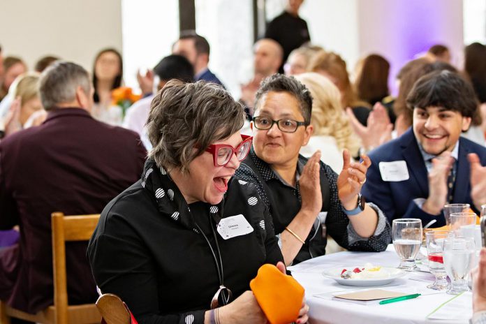 Sheena Howard of Acceptance Nurse Psychotherapy and BizNurse Savvy reacts to winning the Trailblazer - Entrepreneur award during the Peterborough and Kawarthas Chamber of Commerce's inaugural Luminary Awards celebration at the Great Hall of Trent University's Champlain College on May 8, 2025. (Photo: Jordan Lyall Photography)